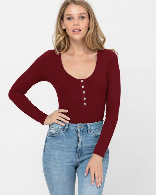 Long Sleeve Sexy Scoop Neck Tank Top Button Down Ribbed Bodysuits